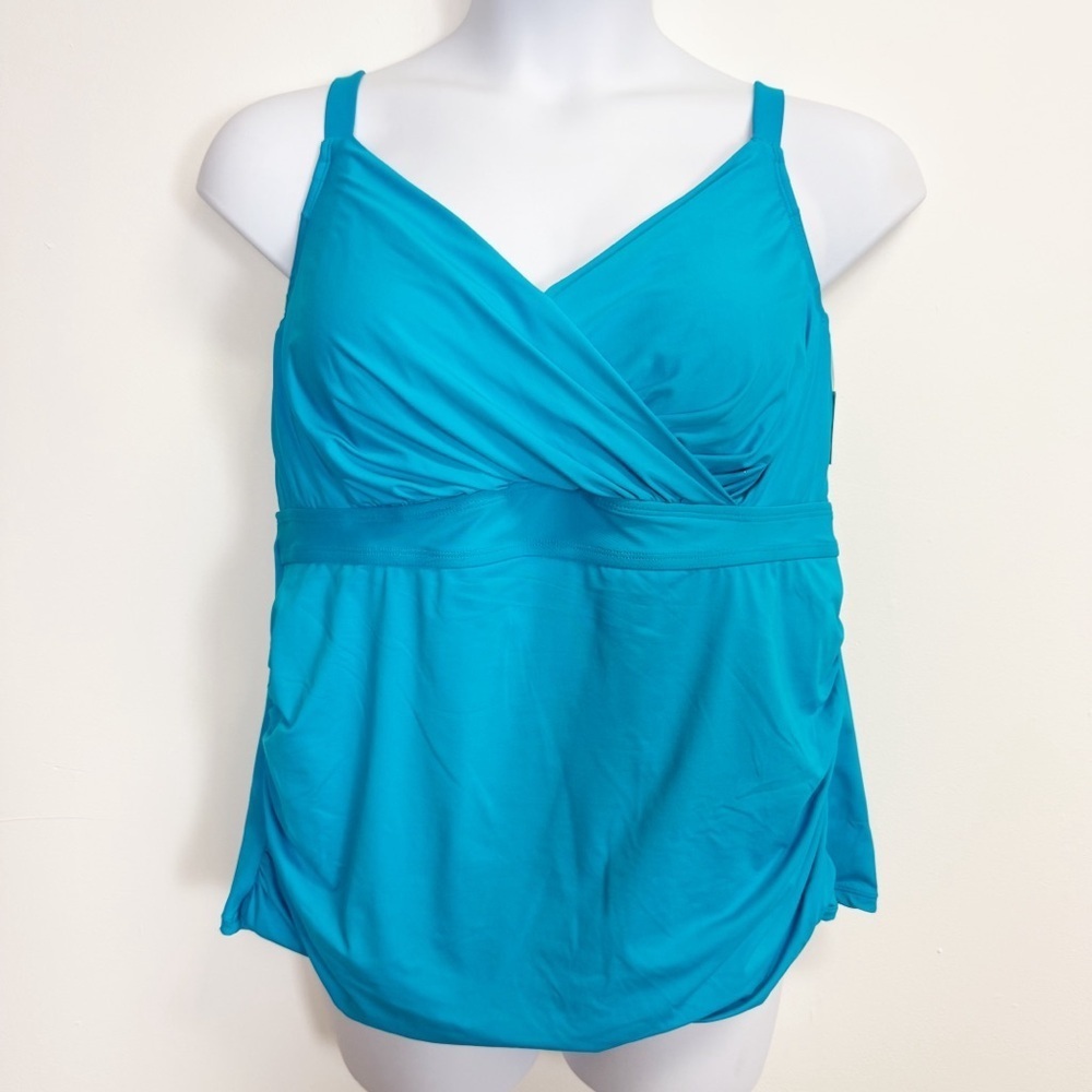 Anne Cole Tankini Swim Top Womens 22W Aqua Blue Ruched Underwire Plus NWT